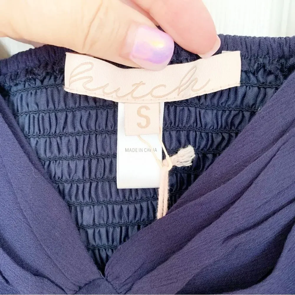 Hutch Navy Reni V Neck Long Balloon Sleeve Crop Top Small NWT